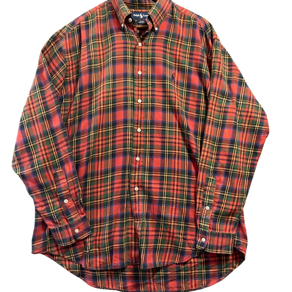 Vintage Ralph Lauren Men Shirt L Red Plaid Blake Cotton Button Down Pony Classic